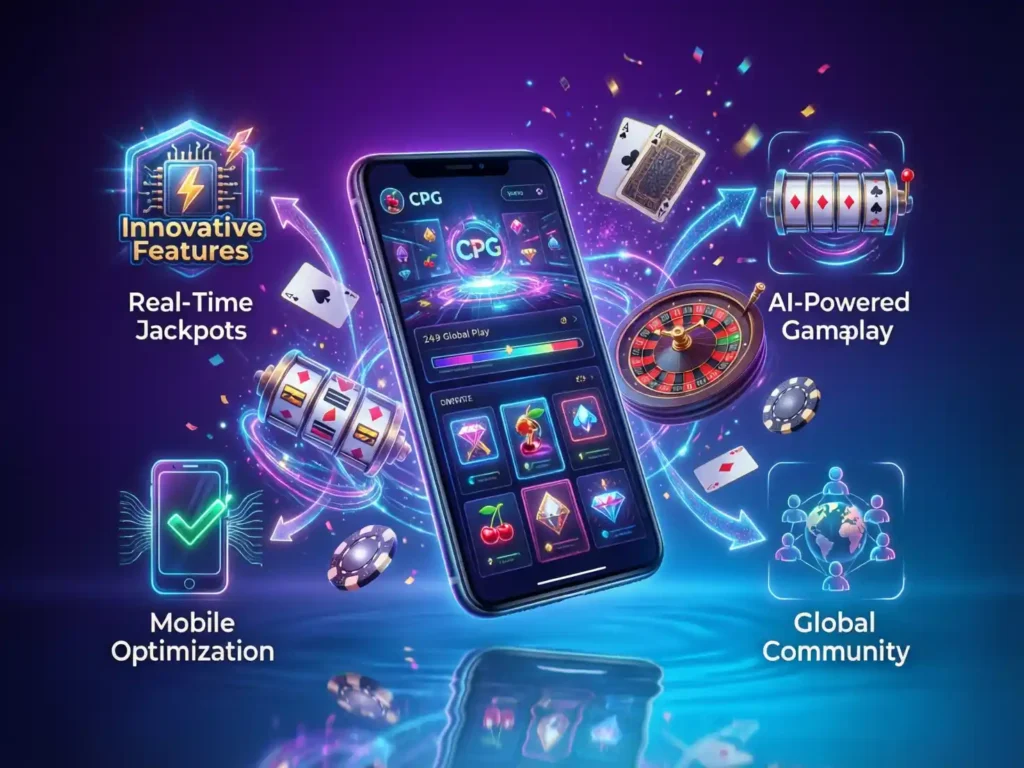 Futuristic digital banner showcasing the vision of CPG Game. Central focus: a glowing smartphone displaying the CPG Game app interface. Surround the device with casino-themed holographic elements such as slot machine reels, roulette wheels, poker chips, and playing cards, symbolizing engaging games and lotteries. Include icons and visual cues for Innovative Features, Mobile Optimization, and Global Community, with light trails, glowing arrows, and sparkles to indicate connectivity, growth, and continuous improvement. Background with neon gradient tones, holographic highlights, and glossy effects to convey trust, innovation, and immersive digital entertainment. Bold typography placeholders for key points. Clean, cinematic, modern tech style, no people.